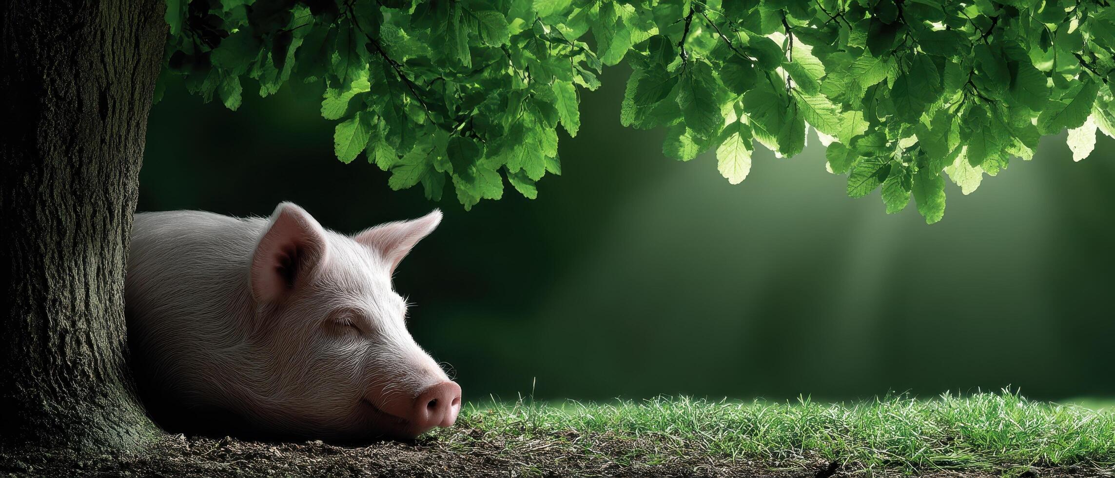 Relaxing pig under tree tranquil forest animal photography serene environment close-up view nature concept photo
