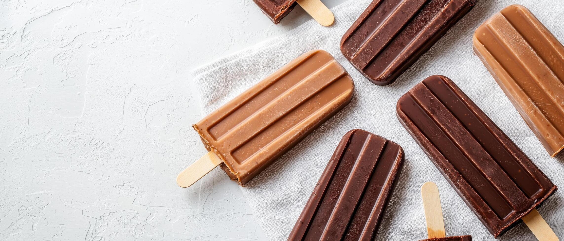 Delicious chocolate and vanilla popsicles kitchen food photography bright environment top view summer treats photo