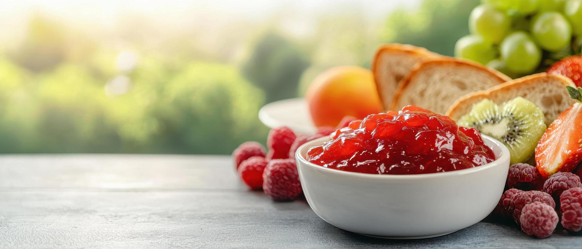 Making delicious raspberry jam with fresh fruits in a bright kitchen environment photo