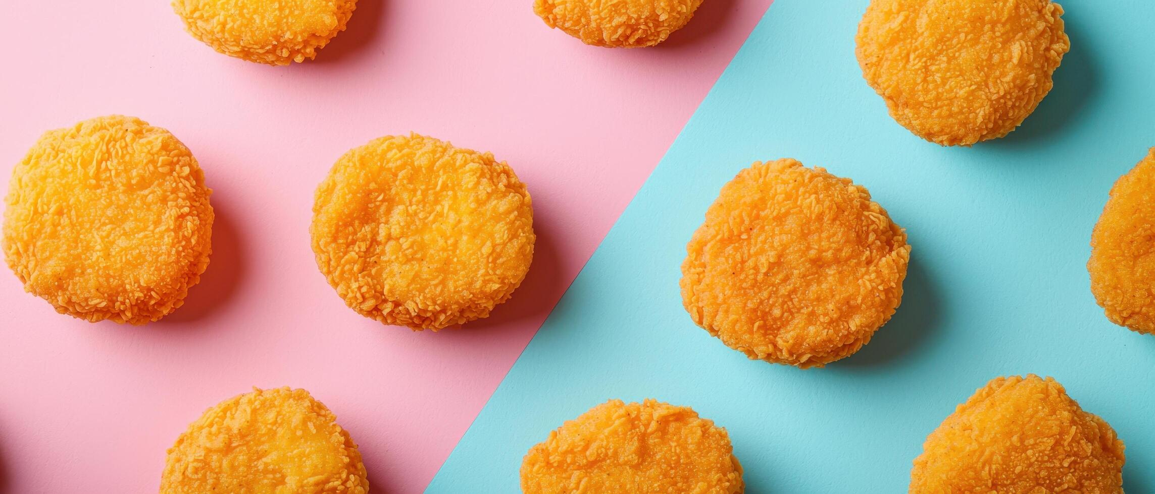 Colorful chicken nuggets display studio setting food photography playful environment top view fun concept photo