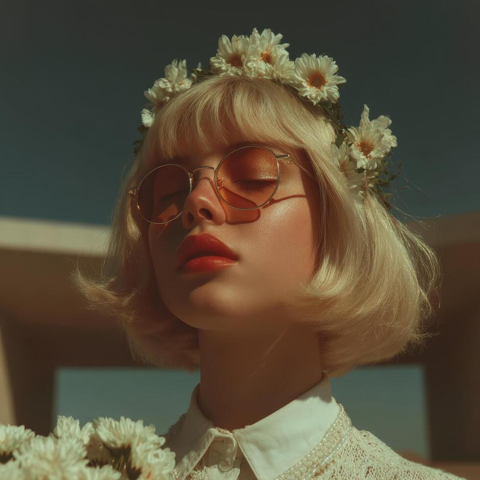 Fashionable young woman in sunglasses outdoor setting portrait photography soft color palette creative concept photo