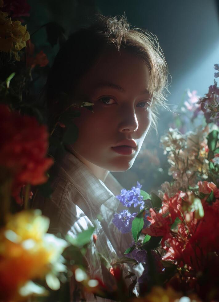 Captivating portrait of a young woman surrounded by colorful flowers studio photography artistic close-up beauty photo
