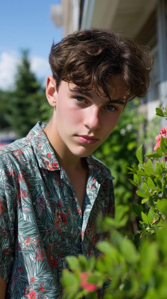 Young man posing among greenery urban setting portrait photography daytime close-up fashion style photo