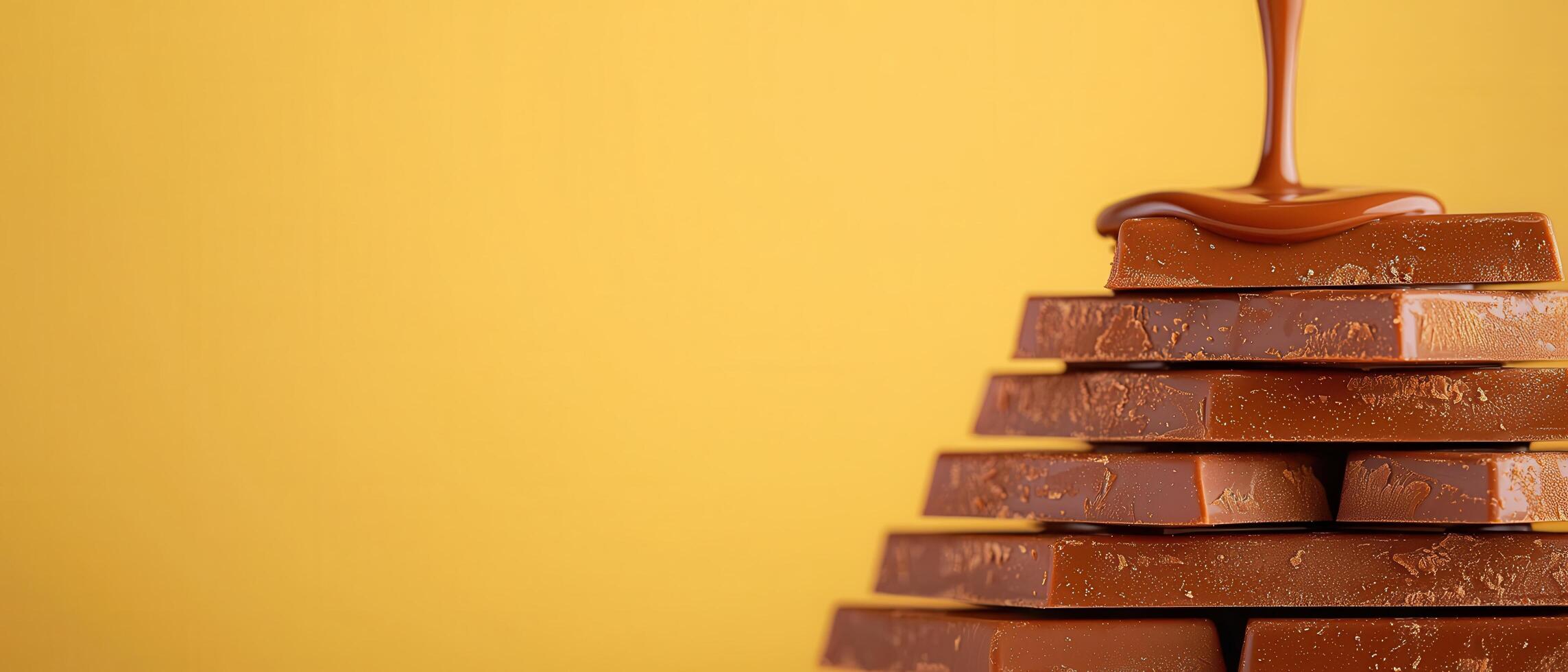 Drizzling chocolate over stacked bars kitchen food photography bright yellow background close-up shot dessert concept photo
