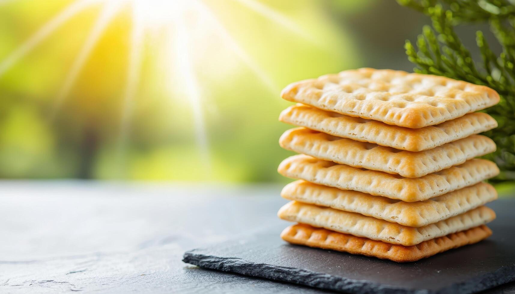 Sunlit stack of crackers outdoor setting food photography natural environment close-up view snack concept photo