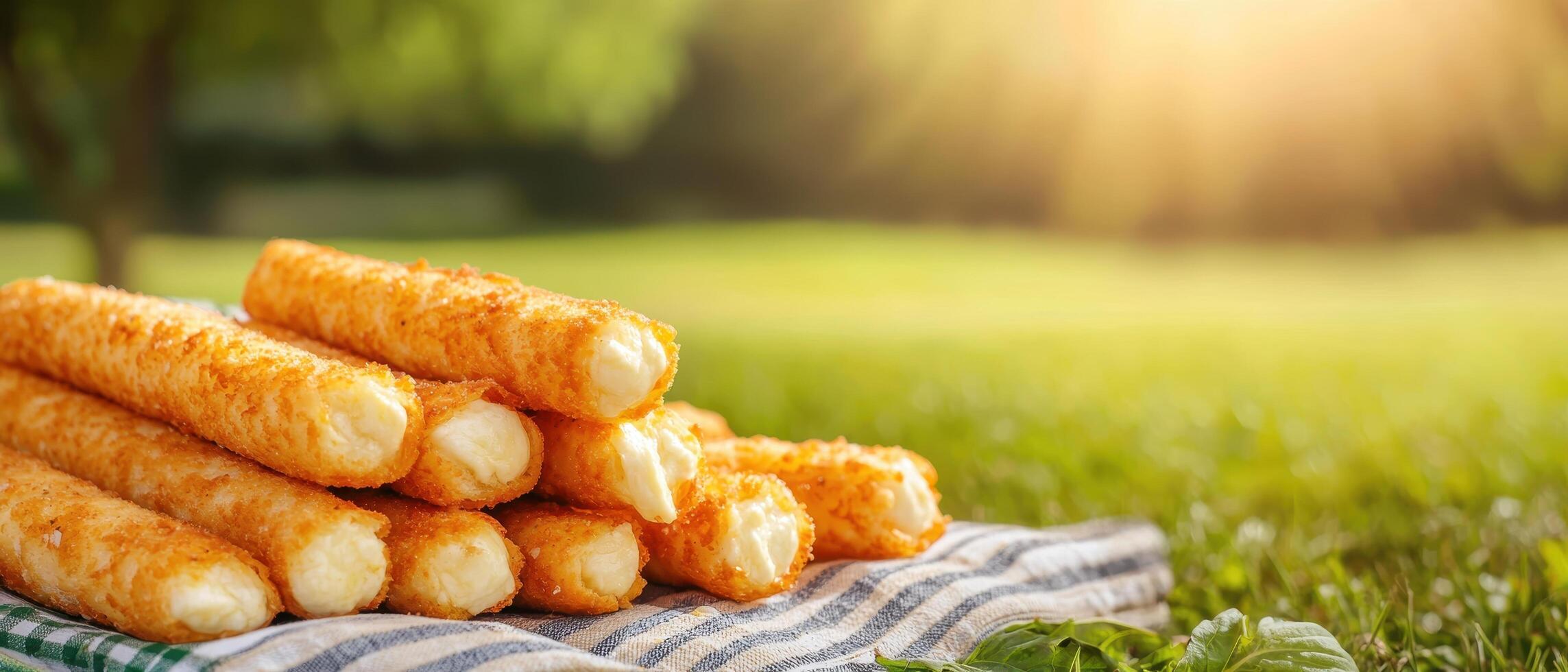 Delicious cheese sticks outdoors nature scene food photography sunlit environment photo