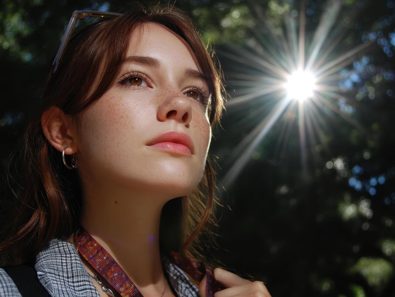 Contemplative woman enjoys sunlight outdoor park portrait photography natural setting close-up serenity photo