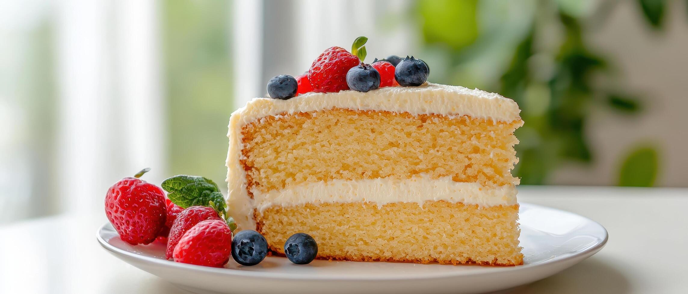 Delicious cake slice with berries home kitchen food photography bright environment close-up view dessert concept photo