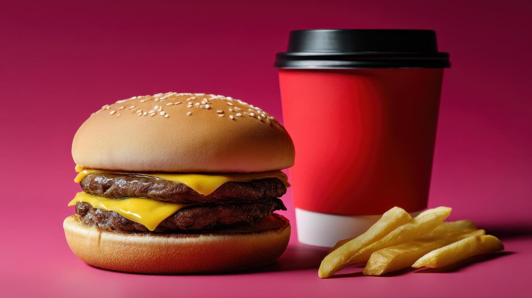 Delicious cheeseburger with coffee and fries fast food restaurant food photography studio close-up tasty treats photo