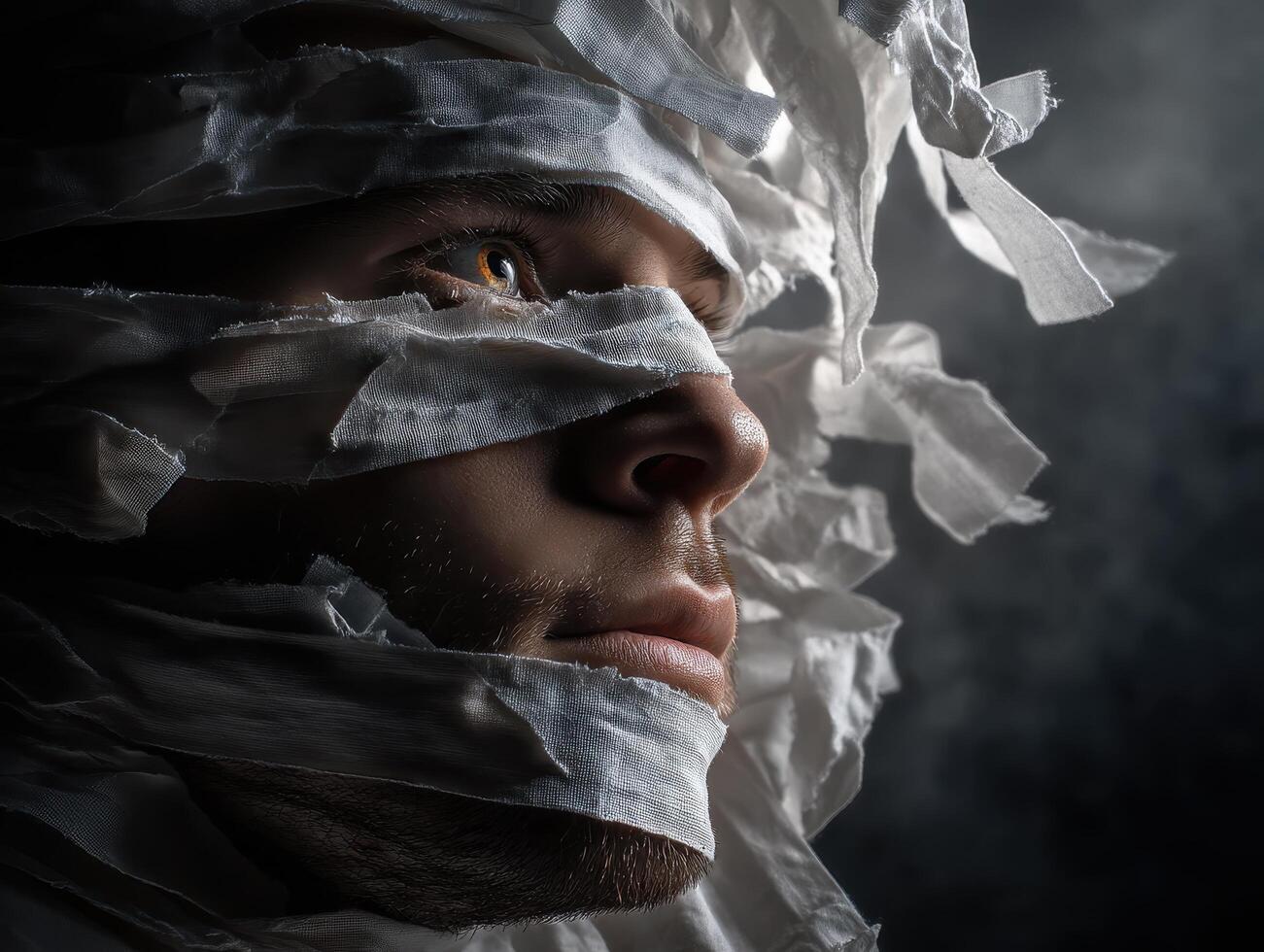 Emotional portrait of a man wrapped in bandages dark studio photography artistic environment close-up view photo