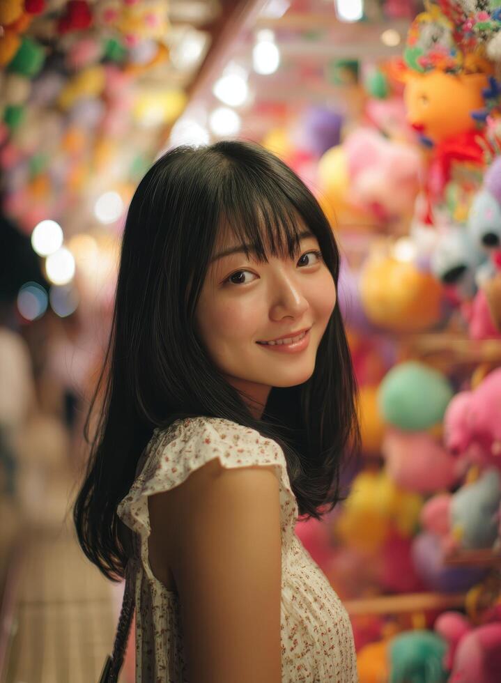 Captivating smile of a young woman surrounded by colorful plush toys festival portrait vibrant atmosphere close-up photo