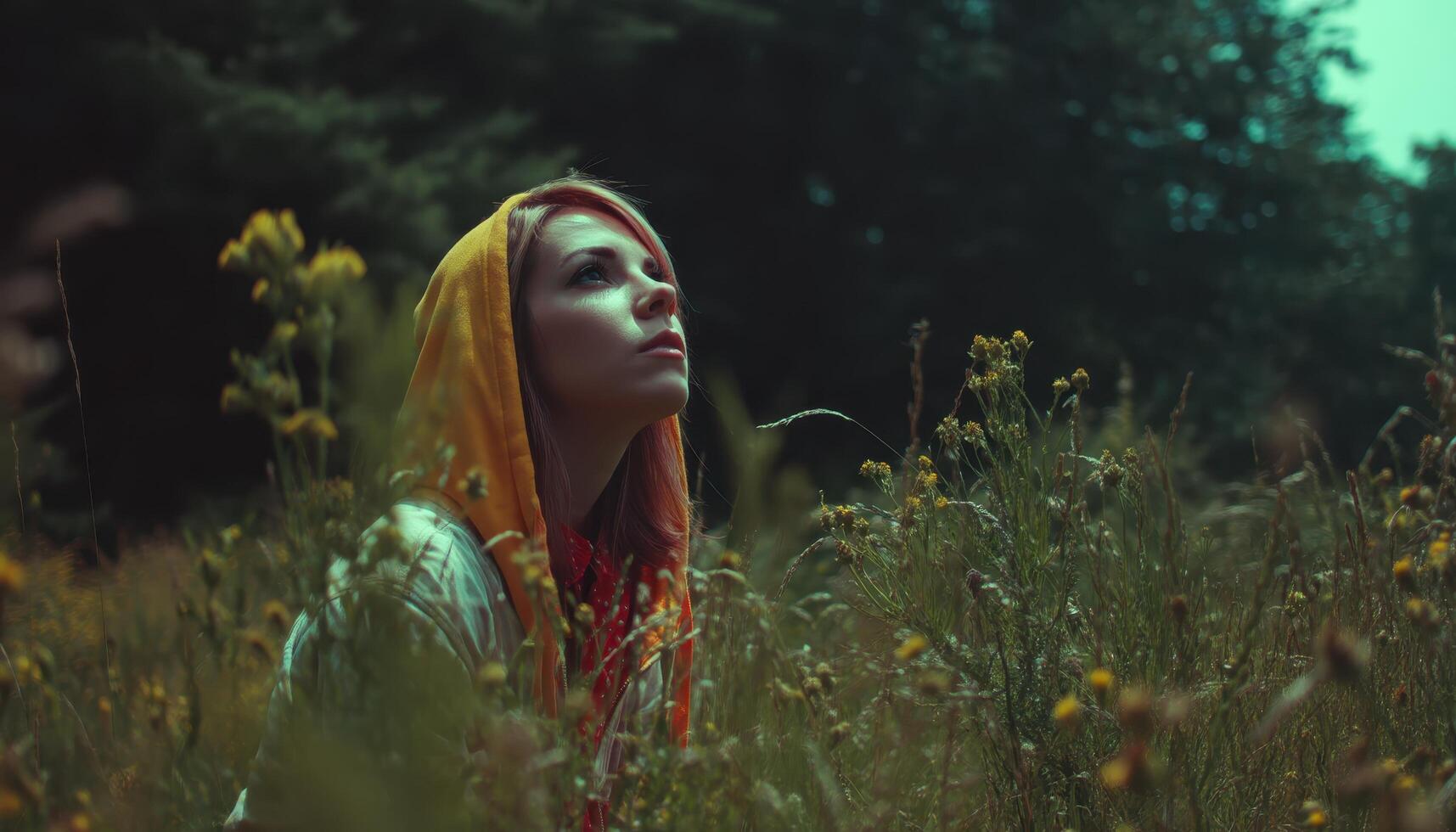 Inspiring moment of contemplation forest clearing portrait photography natural setting low angle self-discovery photo