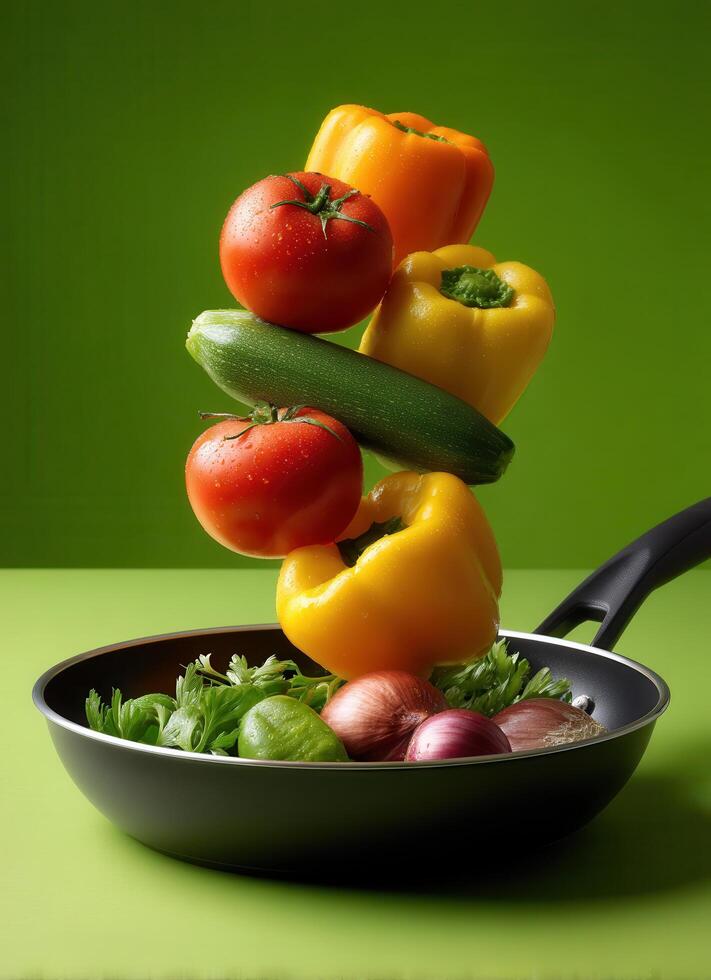 Vibrant vegetables flying into frying pan kitchen food photography studio aerial view culinary art photo