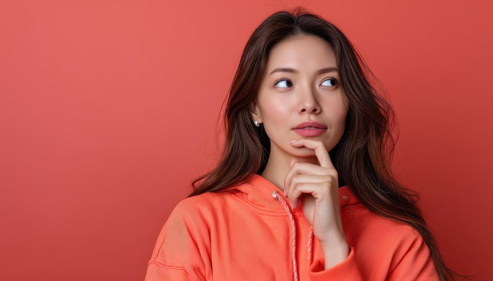 Contemplative young woman studio portrait photography red background close-up reflection photo