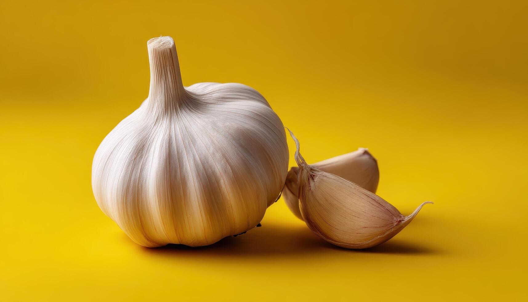 Harvesting fresh garlic culinary uses kitchen preparation vibrant yellow backdrop photo