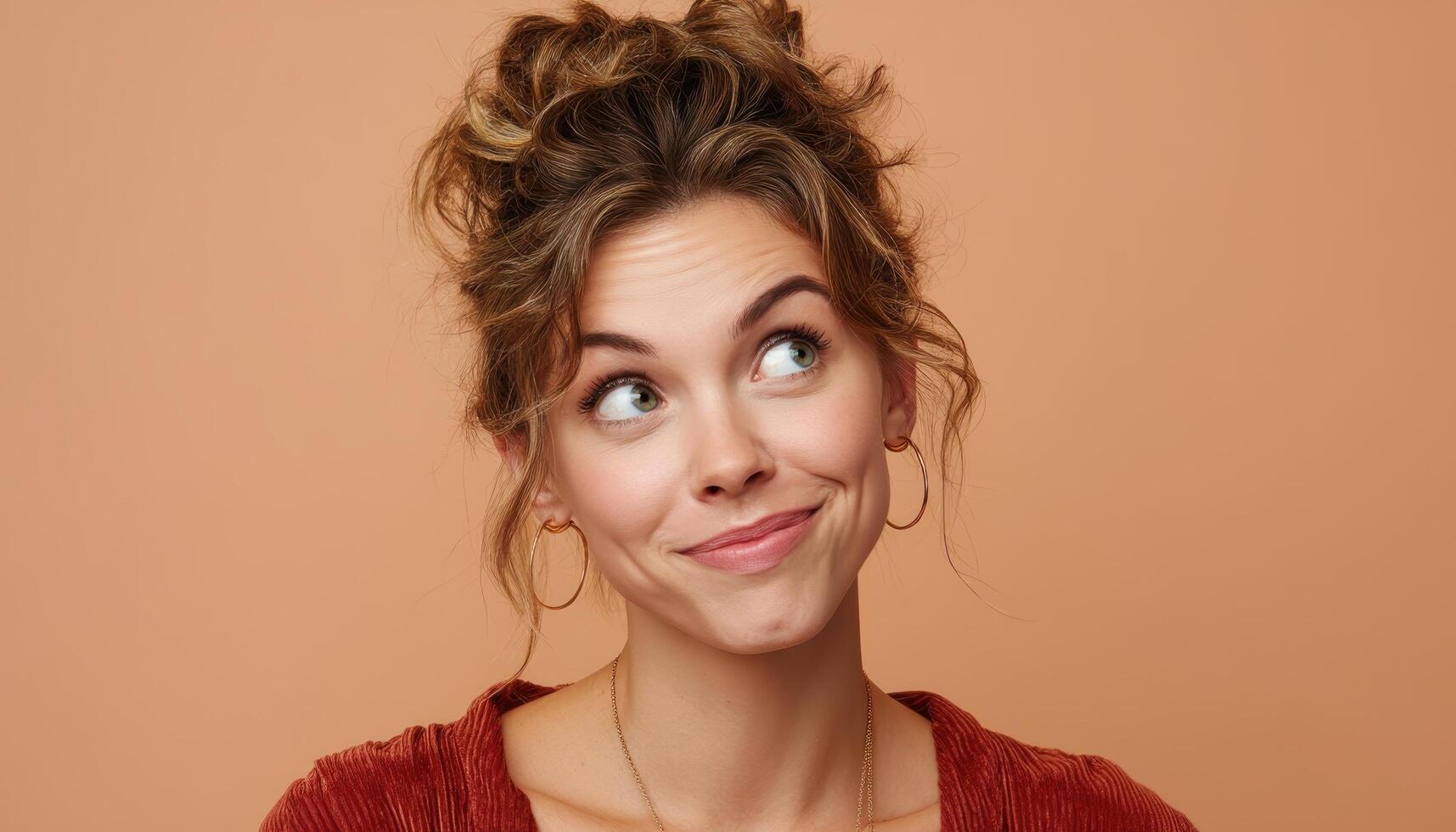 Cheerful young woman with playful expression studio setting portrait photography soft color background photo