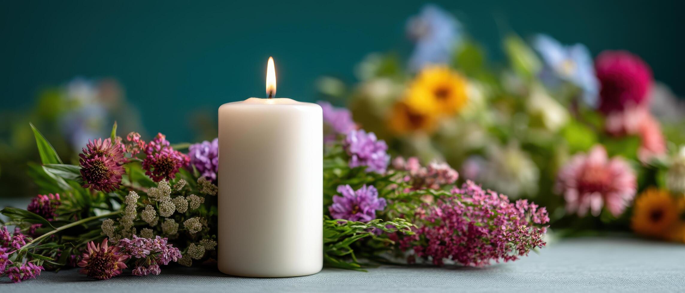 Decorative candle and flower arrangement for relaxing home ambiance indoor setting tranquil concept photo