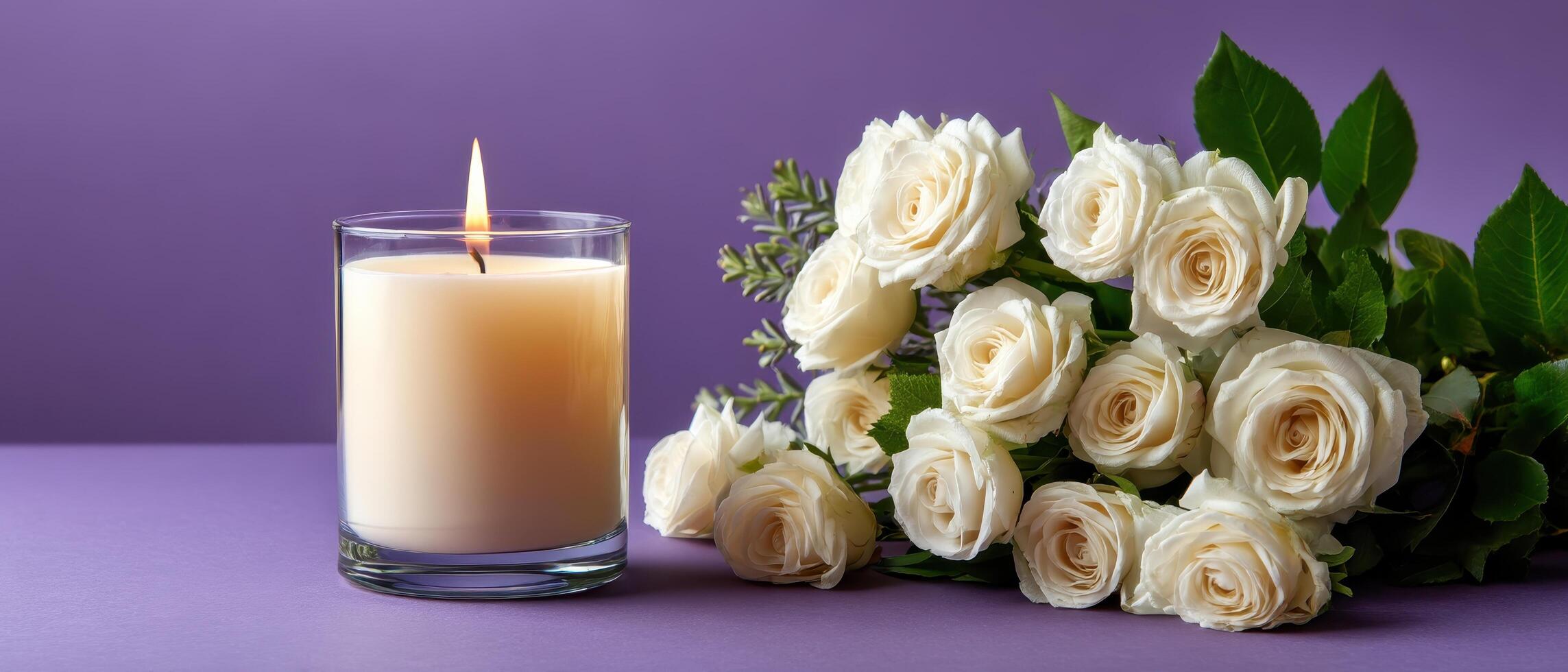 Elegant white roses and candle decoration romantic setting floral arrangement soft lighting calm atmosphere photo