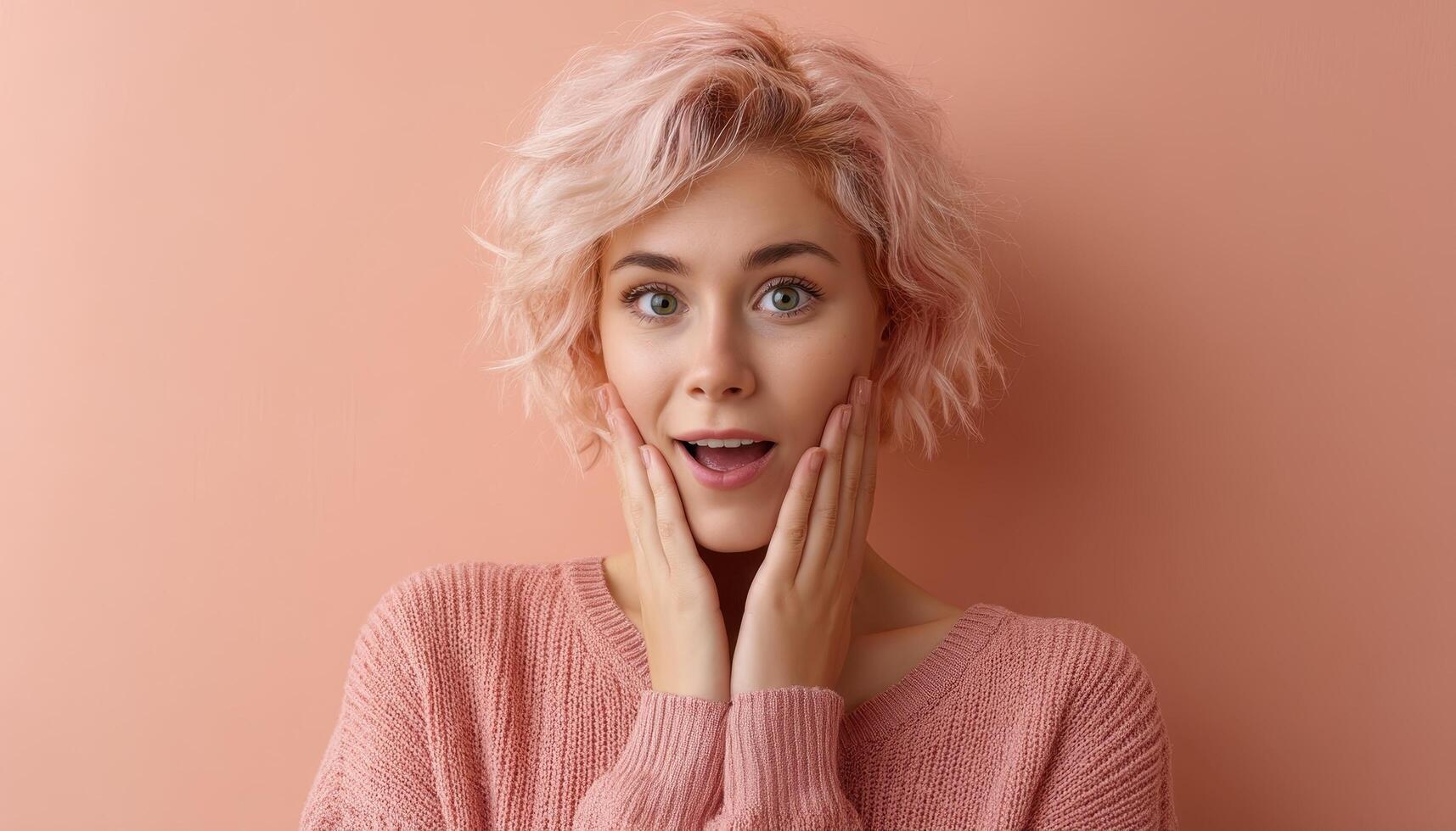 Surprised young woman indoor setting portrait photography soft colors front view joyful expression photo