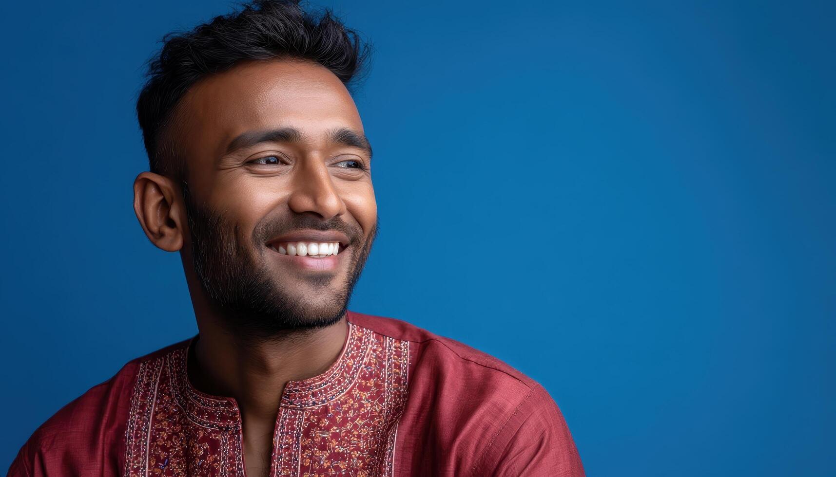 Joyful portrait of a smiling man in traditional attire against a vibrant blue background photo