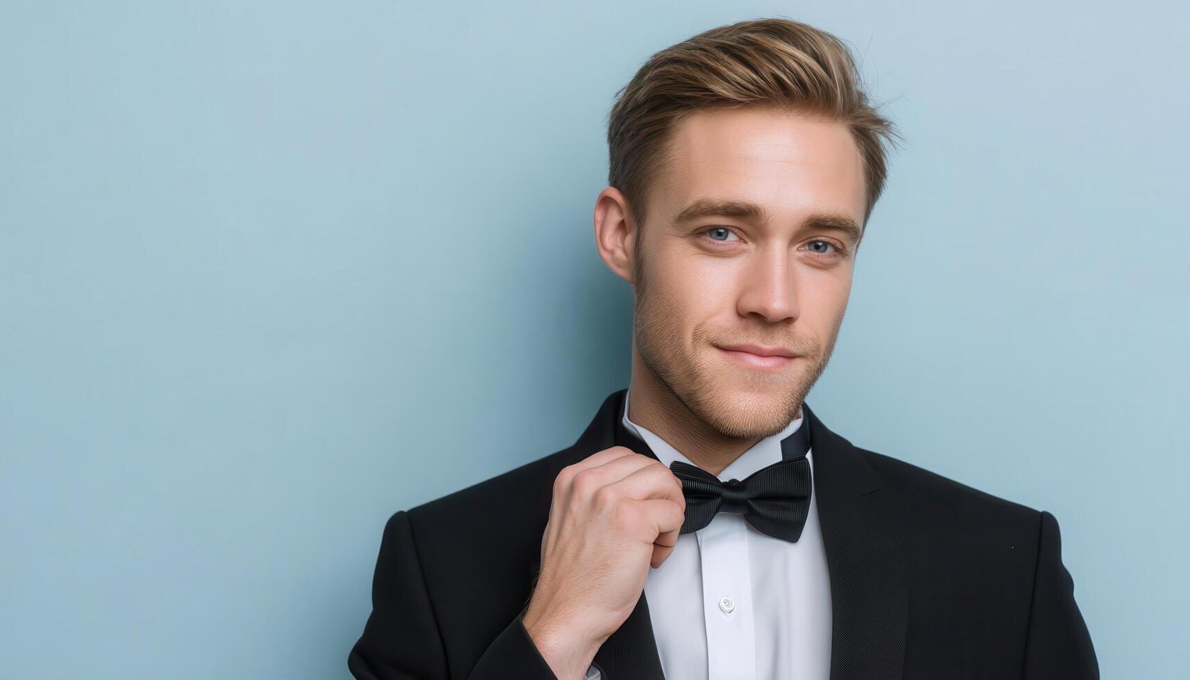 Elegant male model in tuxedo photo studio portrait professional close-up fashion