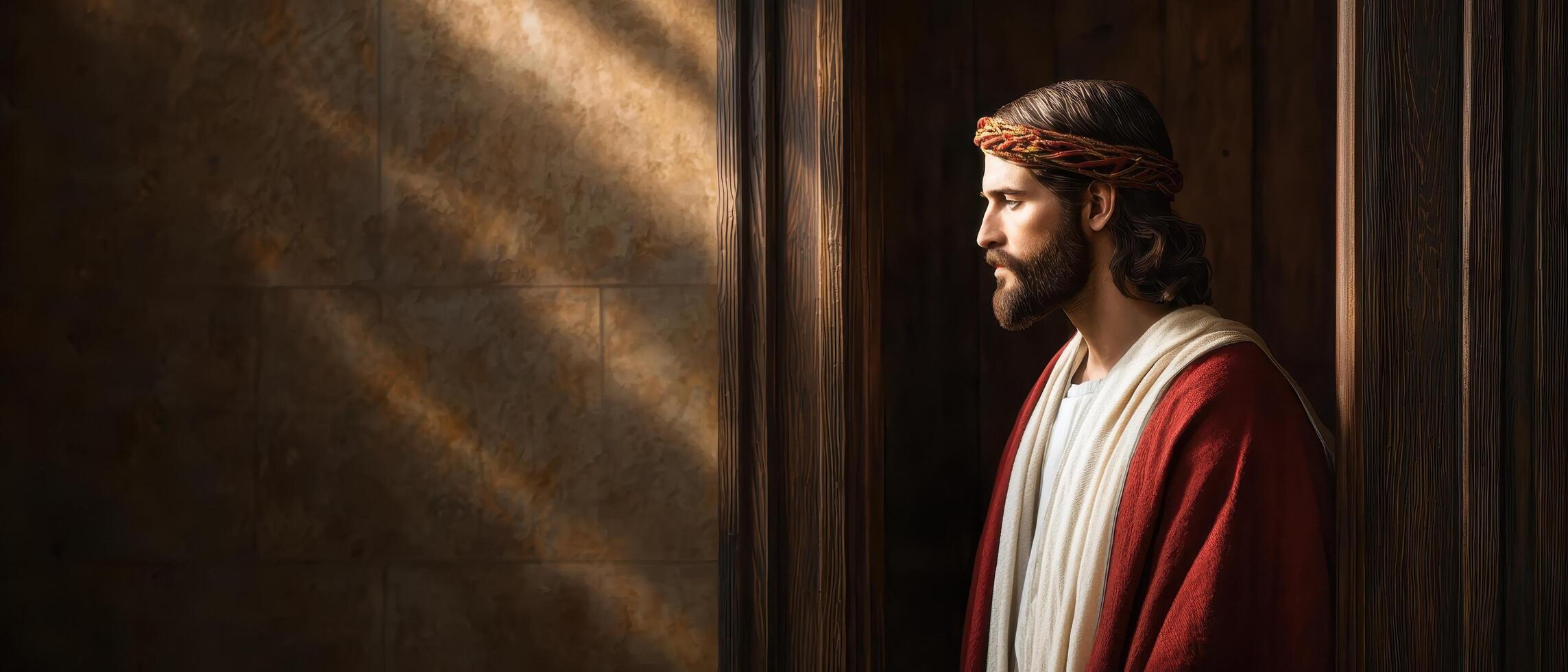 Reflective moment of a biblical figure in a dimly lit room spiritual imagery contemplative atmosphere photo