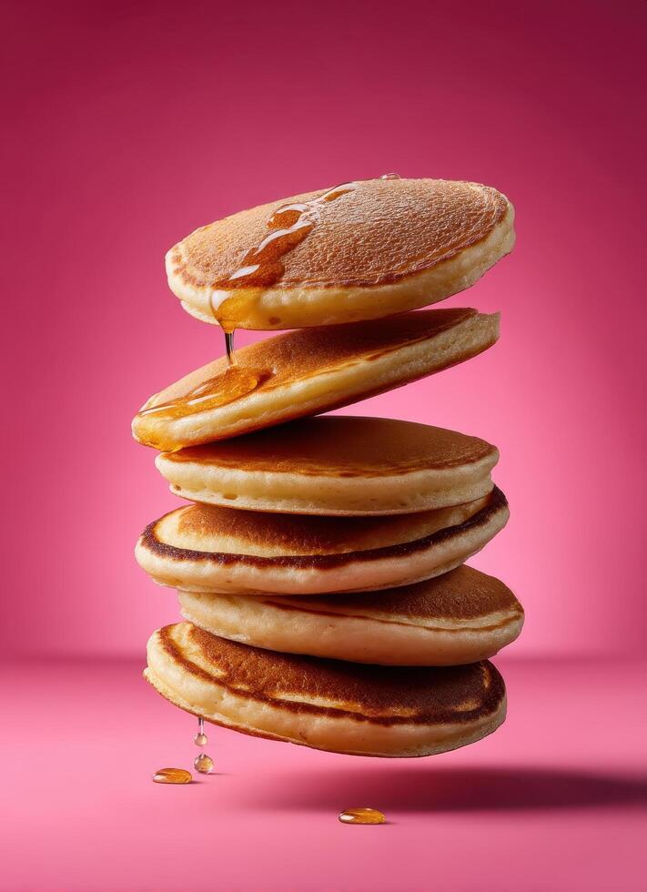 Stacked pancakes with maple syrup vibrant background food photography delicious dessert close-up culinary art photo