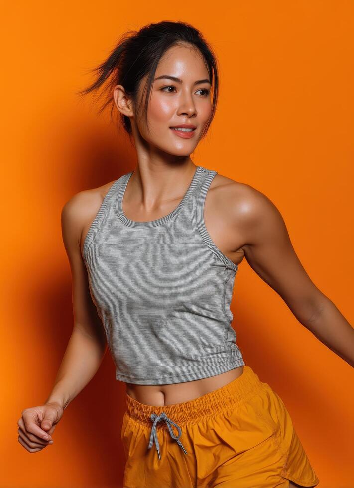Dynamic fitness pose studio photo orange background close-up active lifestyle