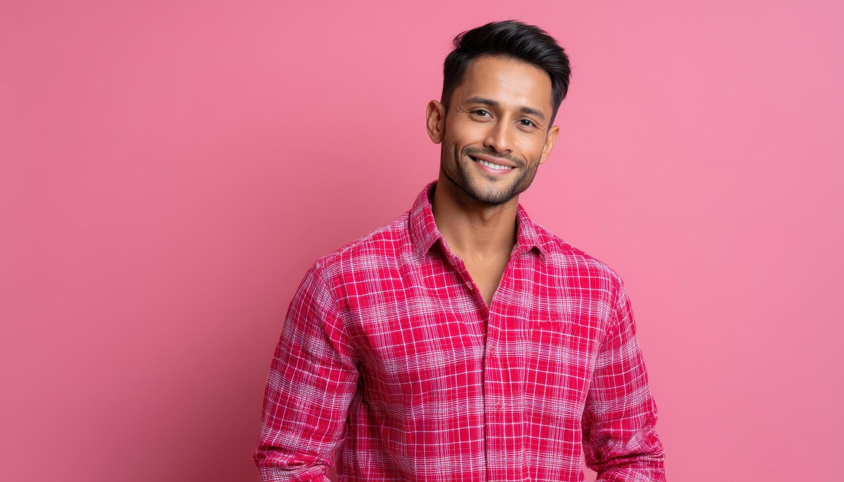 Smiling portrait of a young man in a pink shirt studio setting lifestyle photography photo