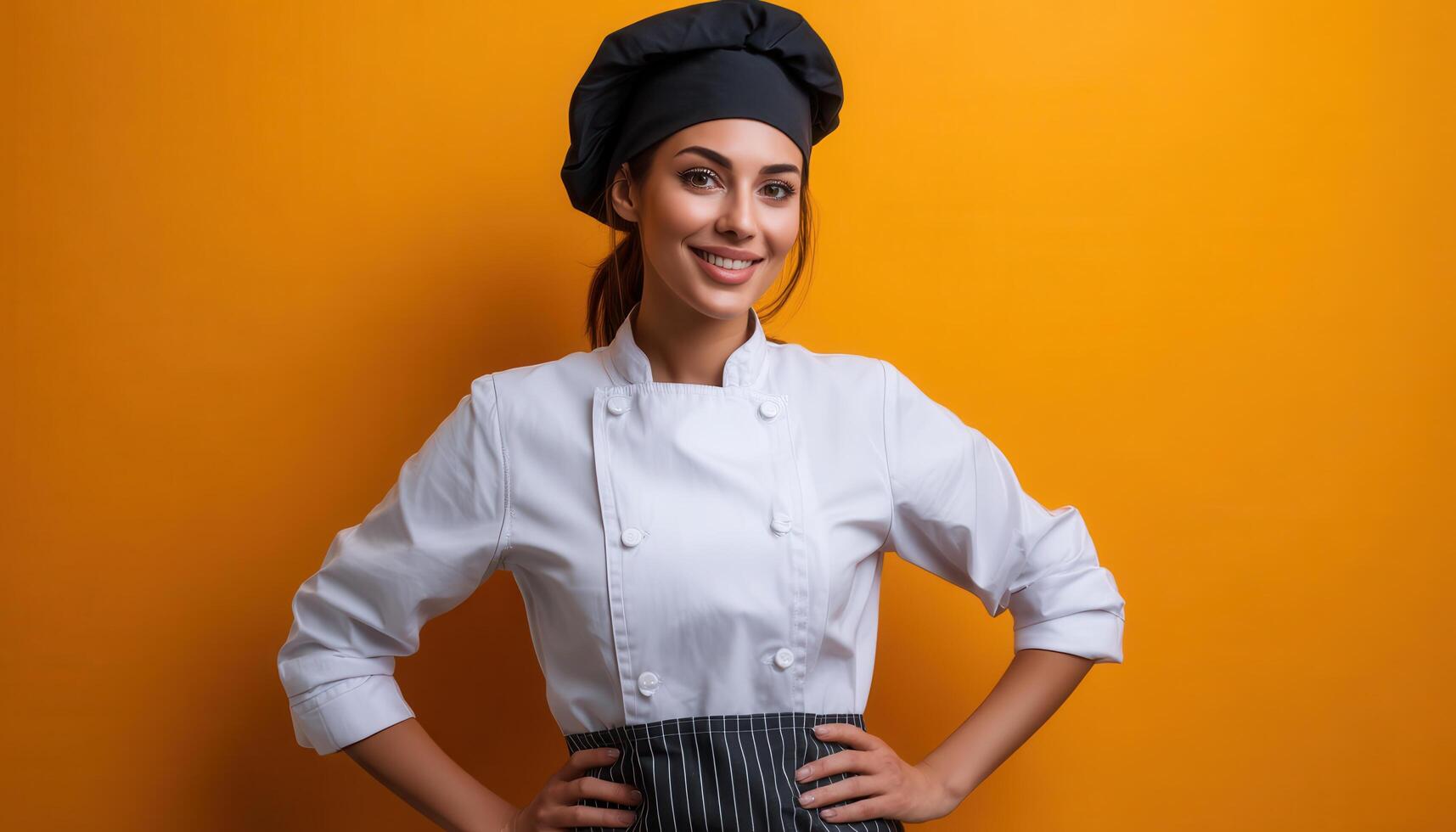 Chef posing confidently in white uniform studio setting professional portrait bright background photo