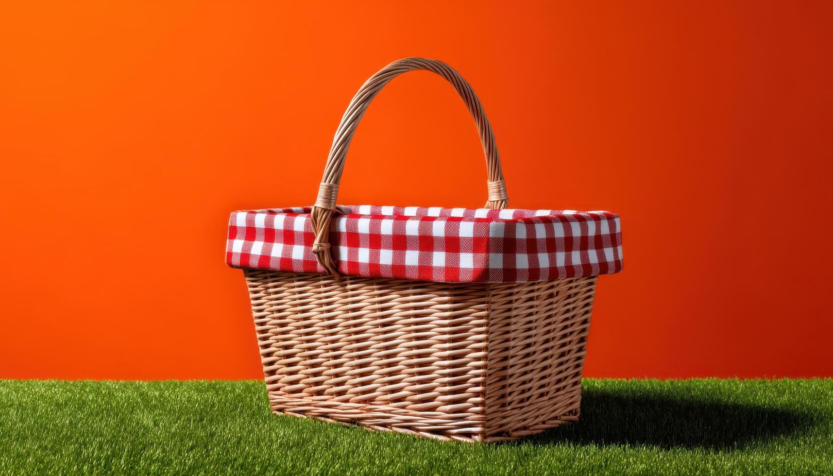 Picnic basket display outdoor setting still life grass background colorful concept photo