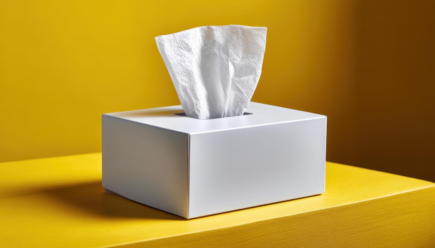 Tissue box display yellow background product photography minimalist setting close-up angle clean design photo