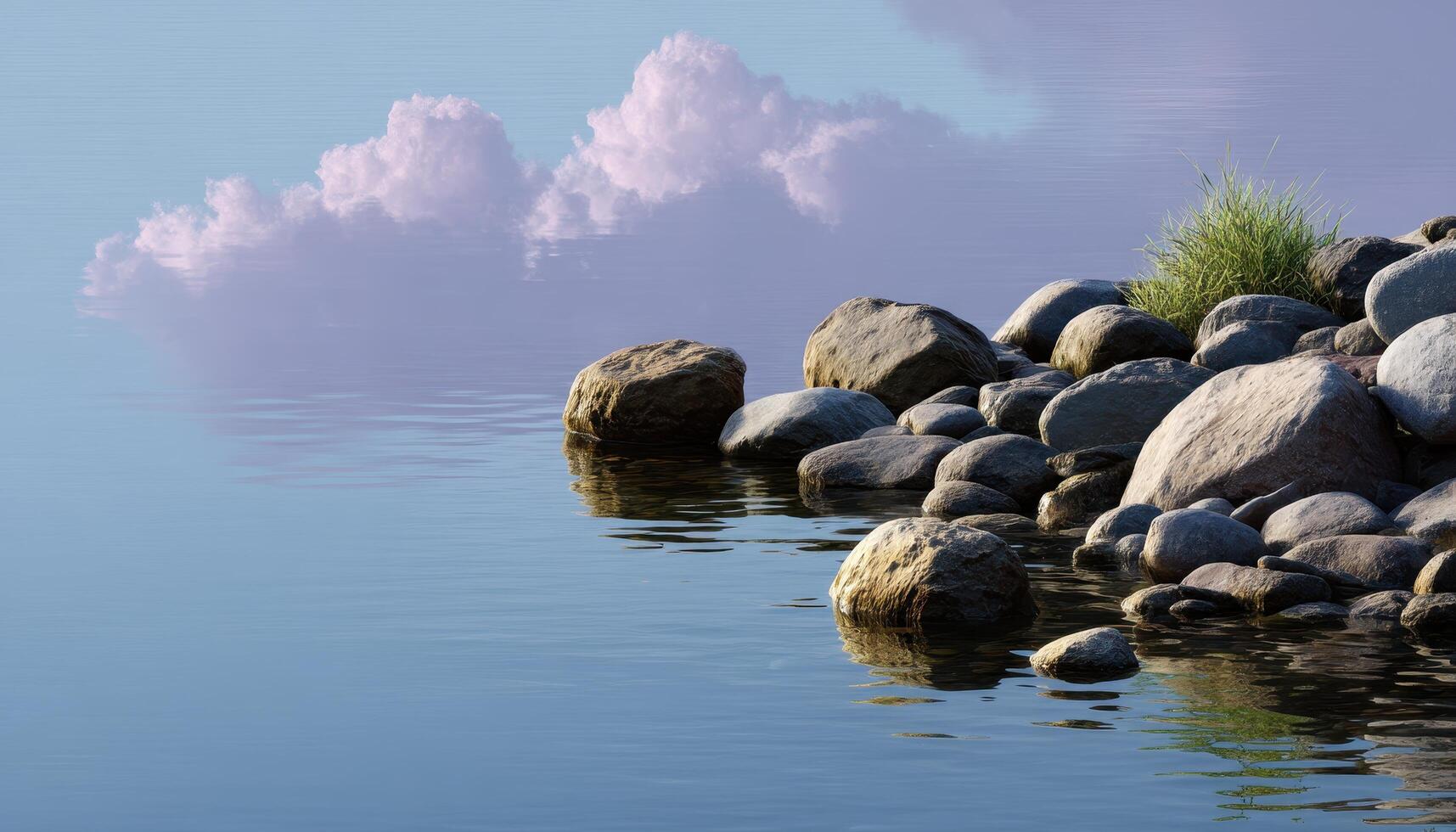 Tranquil rocky riverbank scene calm waters nature photography serene environment close-up view natural beauty photo
