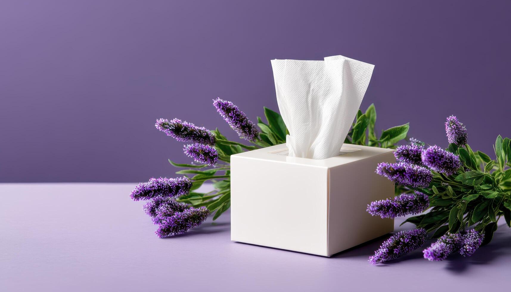 Elegant white tissue box with lavender accents home decor soft aesthetic minimalist style photo