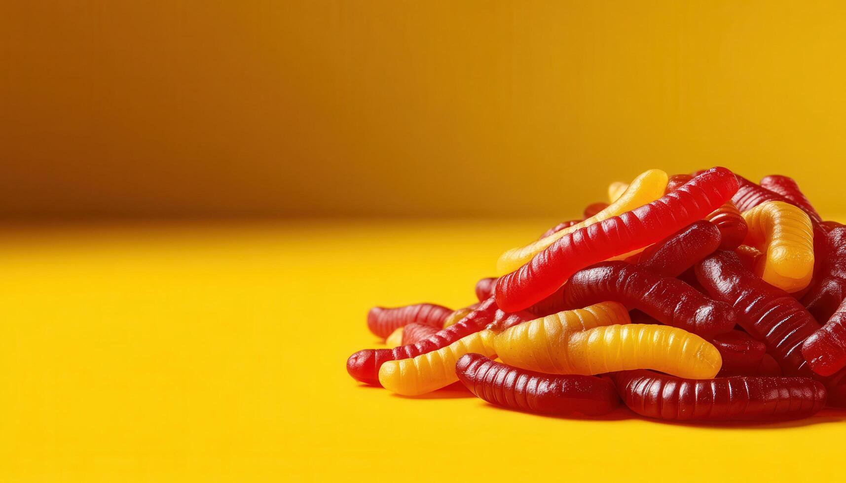 Cheerful gummy worms piled high in a vibrant yellow background sweet treats fun and playful close-up view photo