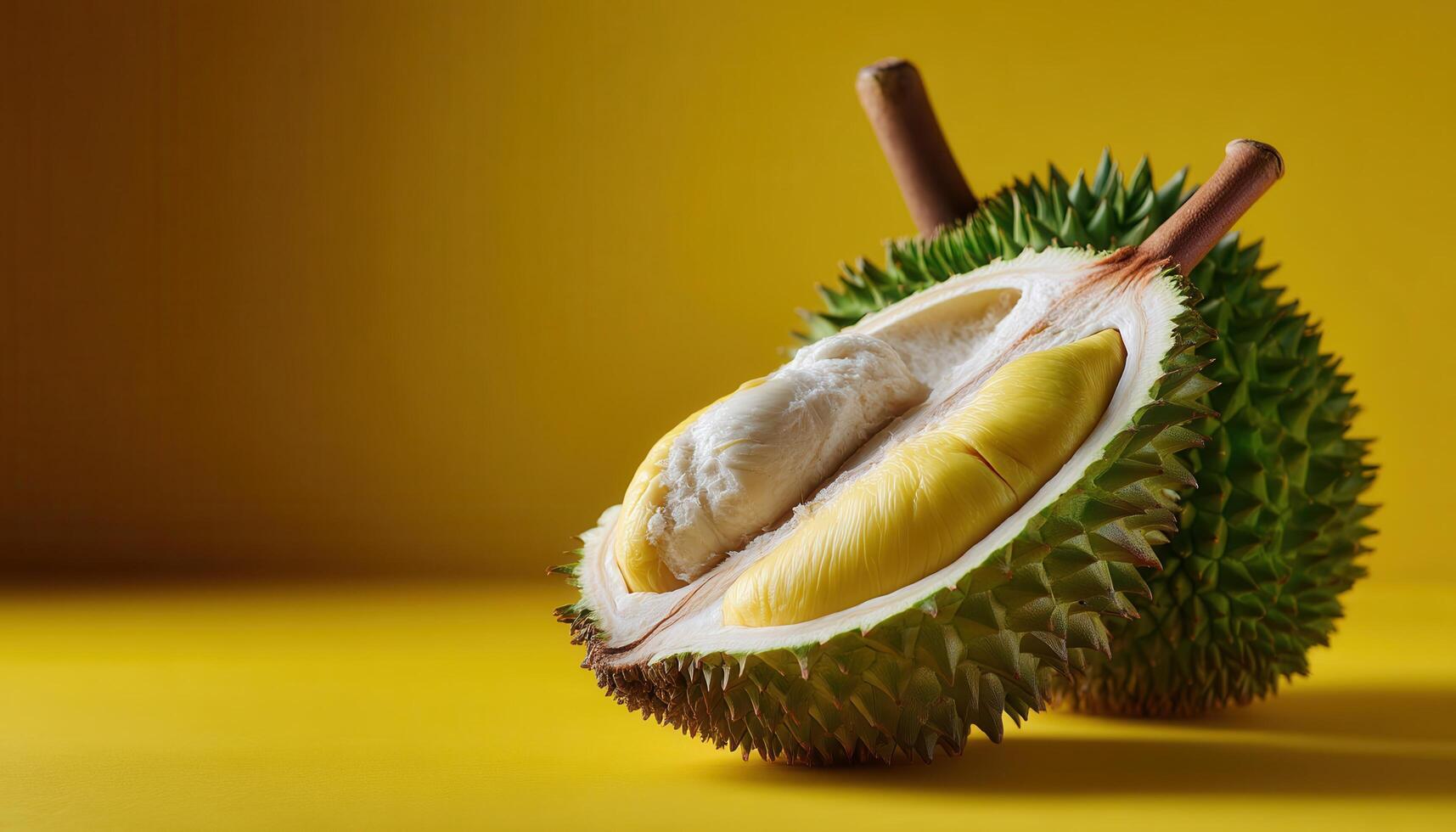 Closeup of a partially opened durian fruit bright yellow background food photography natural environment photo