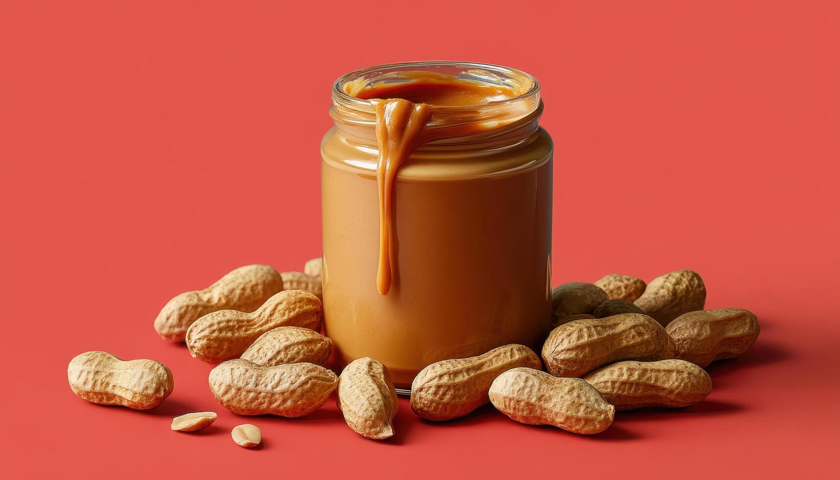 Delicious drizzle of peanut butter over nuts high angle view food photography creative environment photo