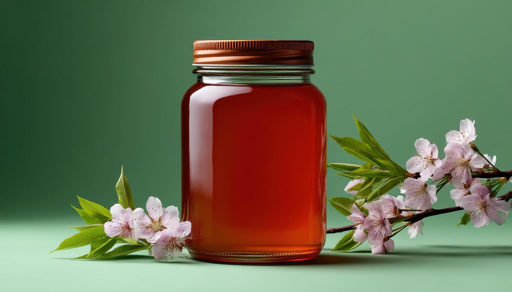Delicious honey jar overflowing with cherries nature setting food photography inviting atmosphere photo
