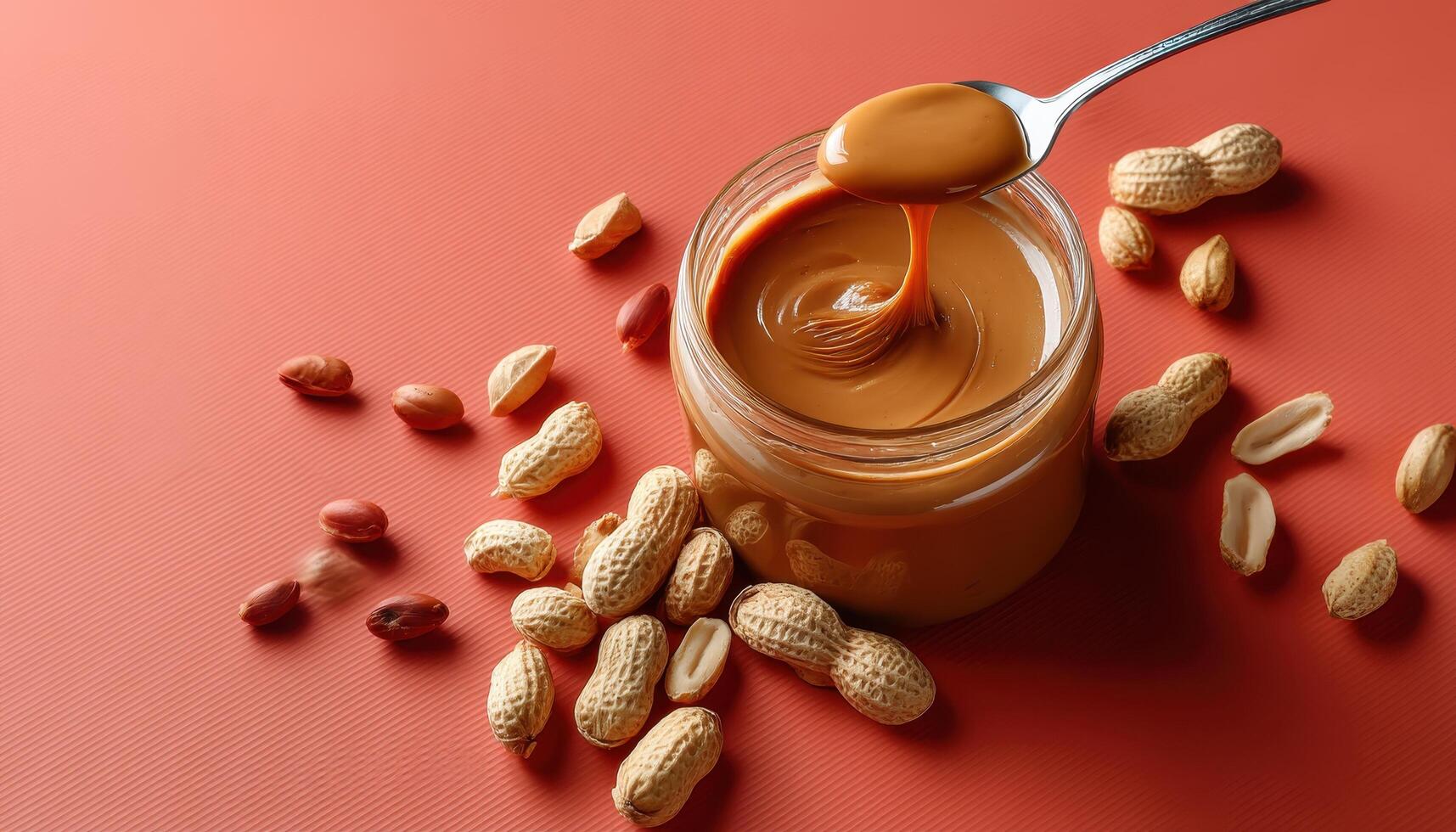 Delicious peanut butter jar drizzling kitchen food photography warm colors high angle view photo