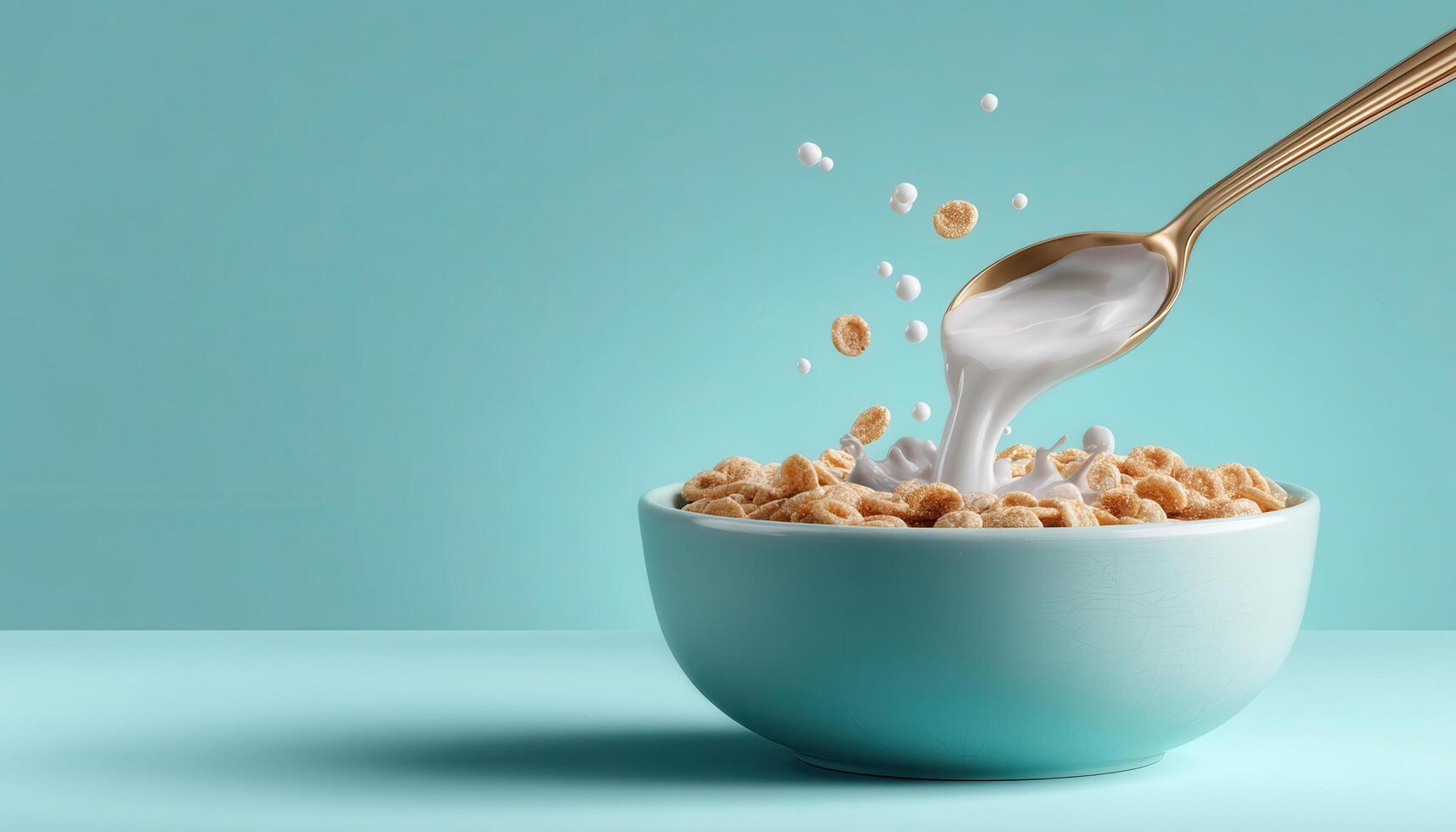Whimsical spoon action with cereal bowl kitchen setting food photography playful environment close-up view photo