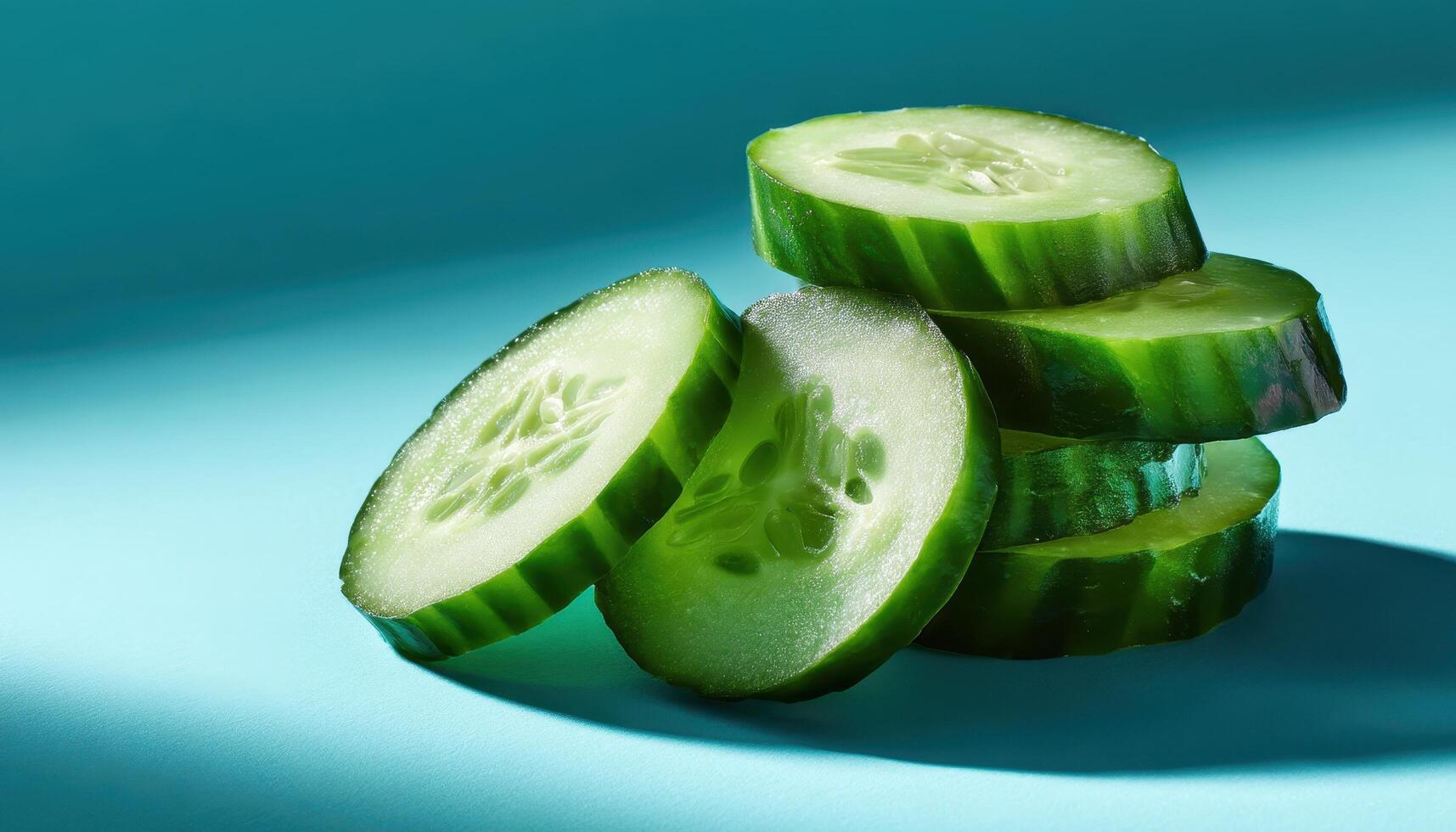 Refreshing cucumber slice arrangement on turquoise background food photography vibrant colors close-up view photo