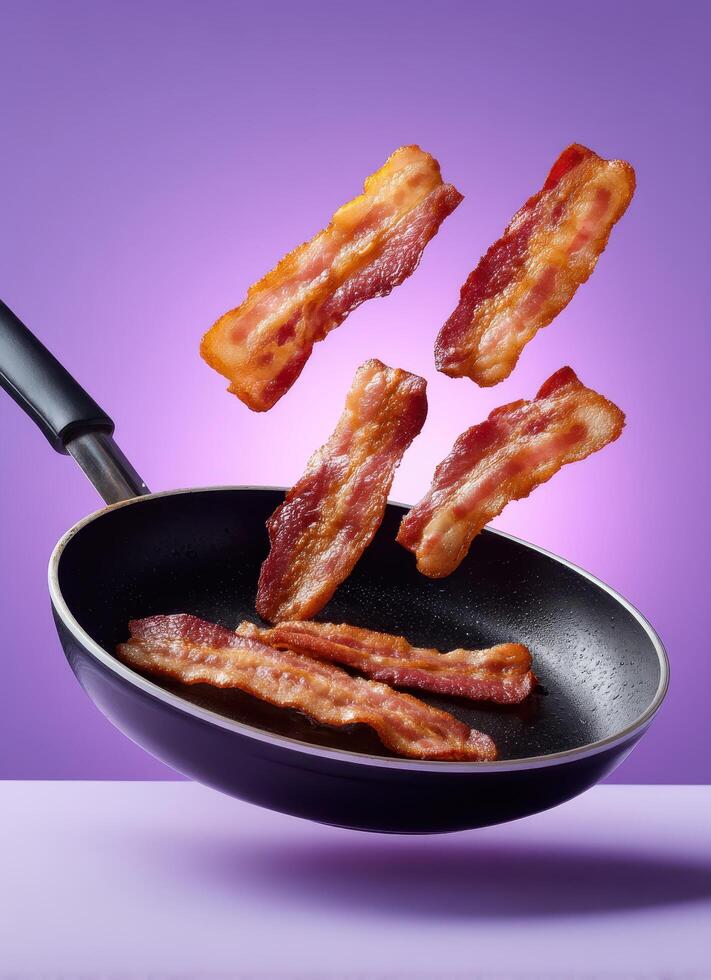 Bacon strips flying from frying pan kitchen food photography artistic close-up culinary delight photo