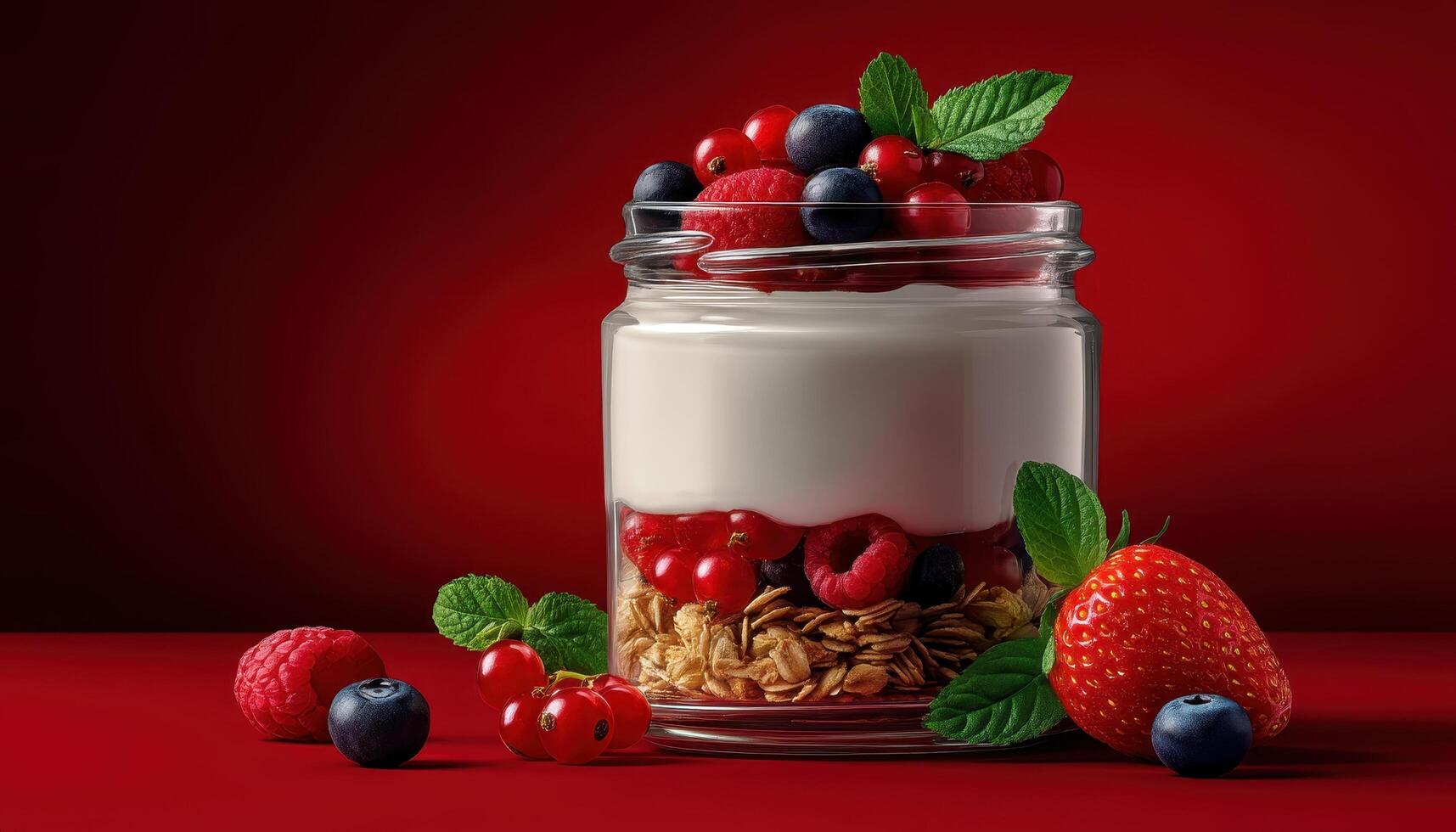 Layered parfait in elegant glass jar food photography red background captivating dessert display photo