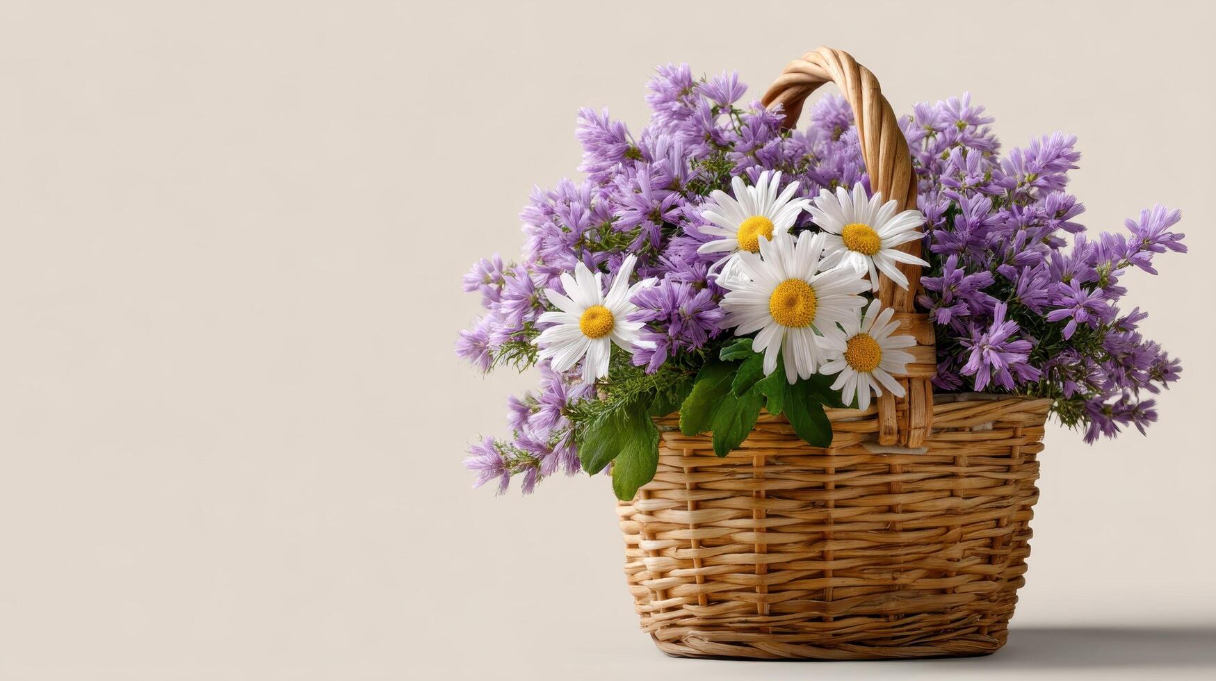 Lavender and daisies arrangement in wicker basket floral decoration indoor setting aesthetic view photo