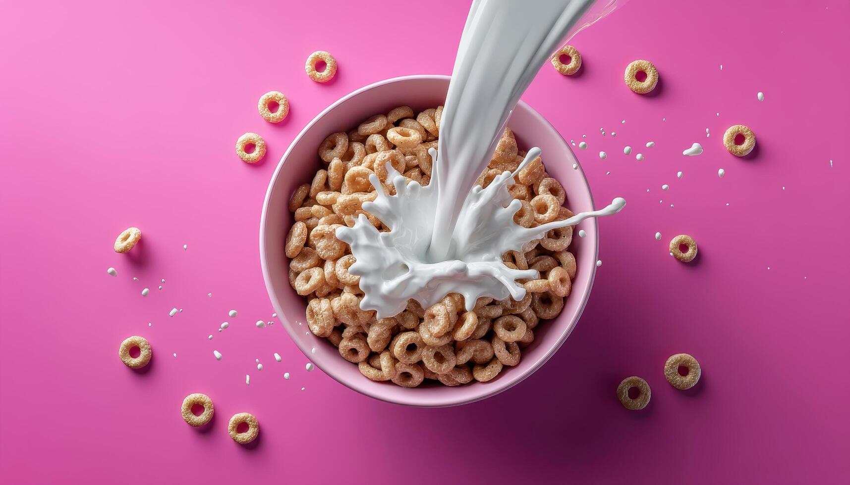 Cereal splash action kitchen table food photography pink background bird's eye view breakfast concept photo