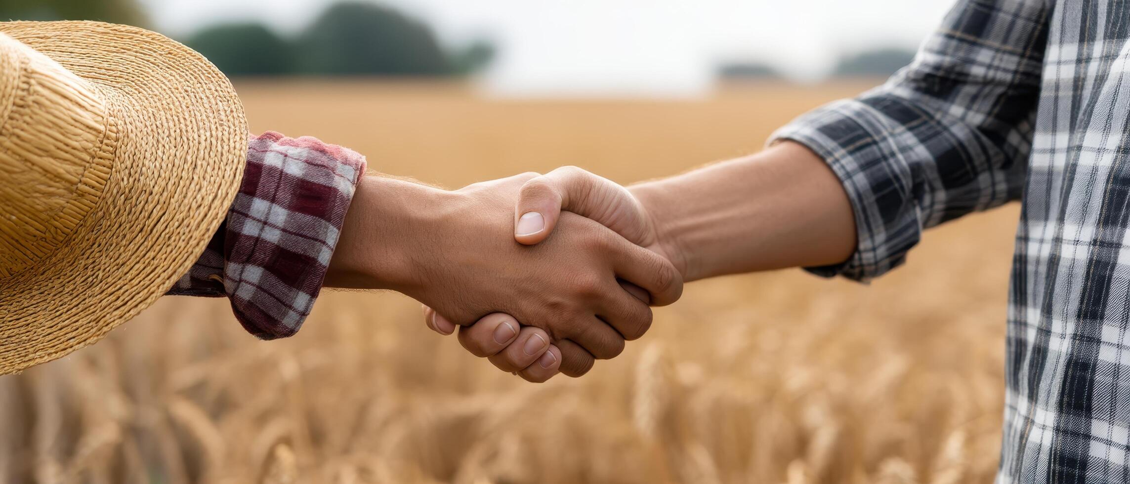 Farmers collaborate in wheat field closeup handshake agricultural partnership rural environment photo