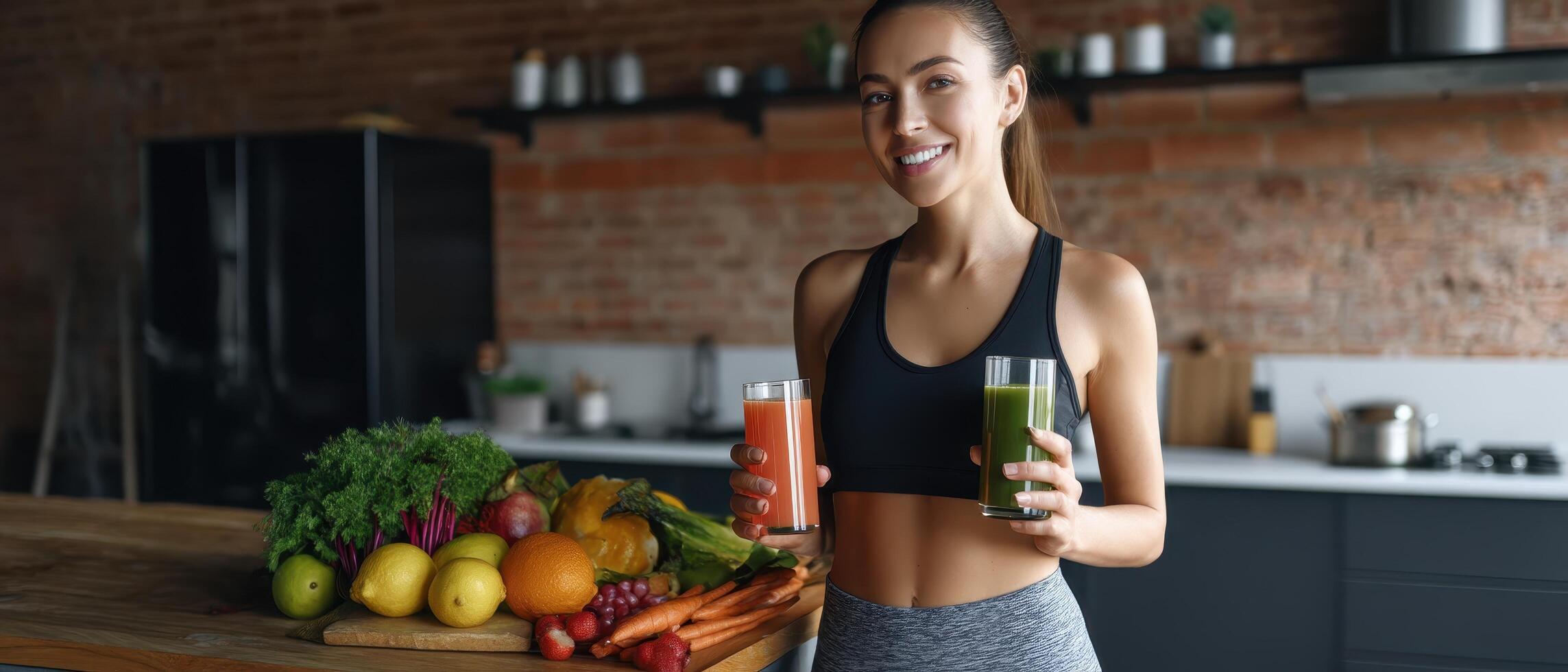 Active woman in stylish sportswear enjoying healthy drinks in modern kitchen vibrant lifestyle inspiration photo