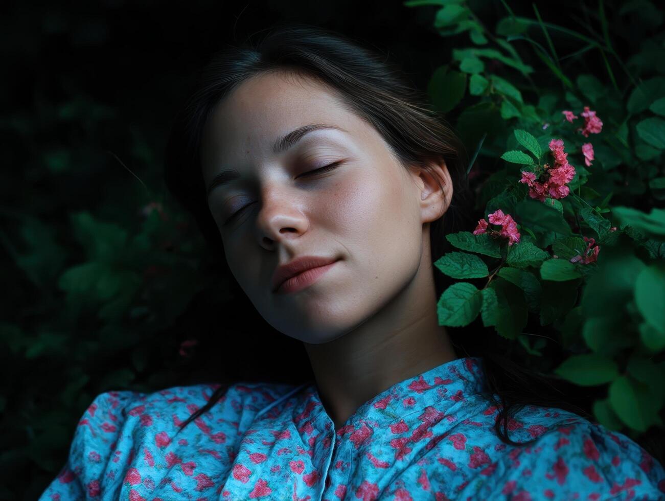 Serene portrait of a young woman among flowers nature scene emotional calmness evening light photo