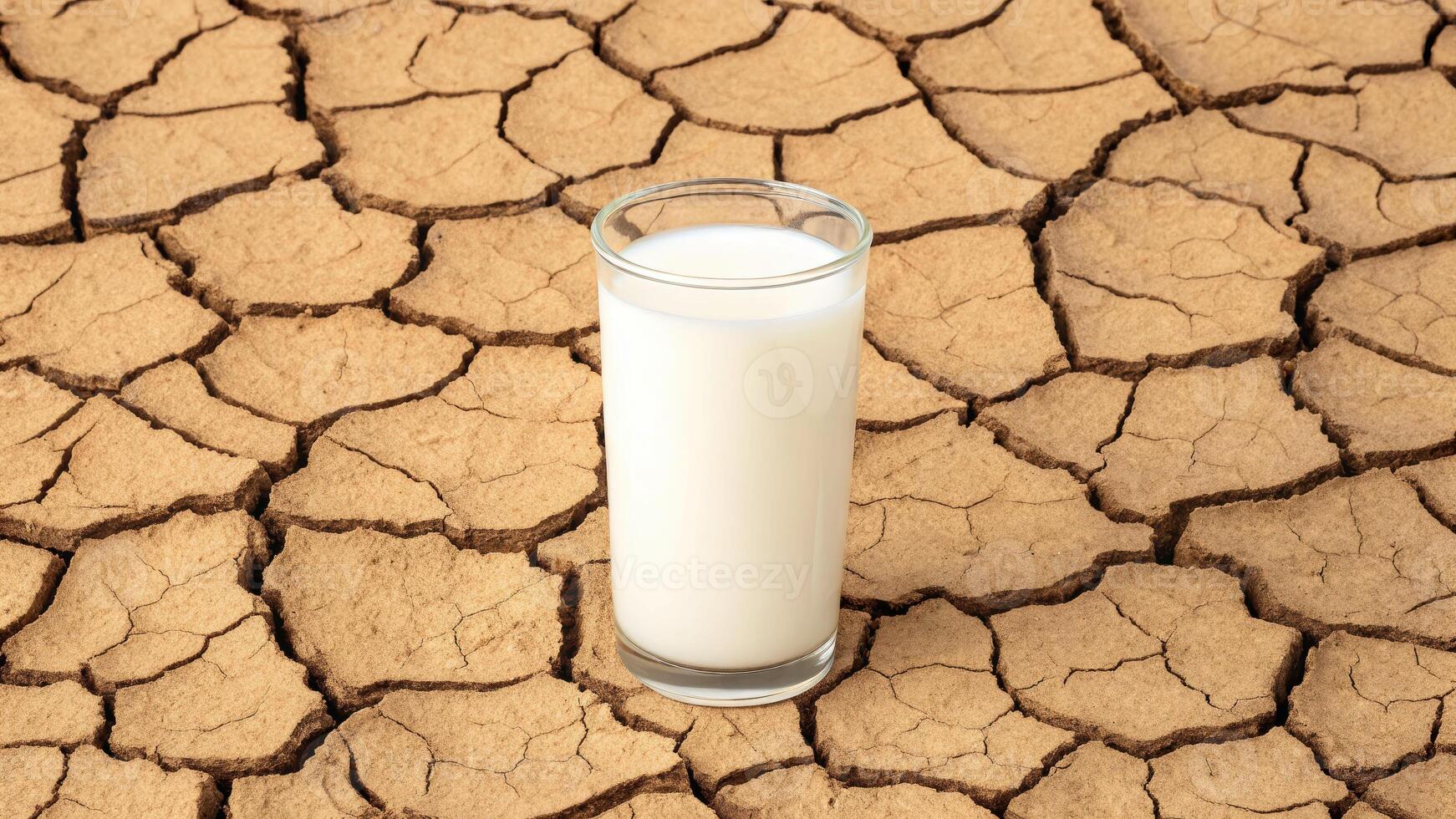 Glass of milk tipped over on dry cracked soil symbolizing nature's struggle for moisture in a parched environment photo