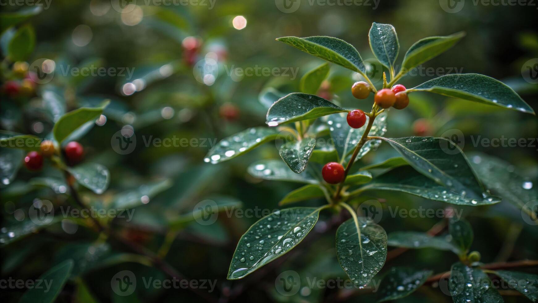 Macro shot of ashwagandha berries and leaves with dew drops in lush nature setting photo
